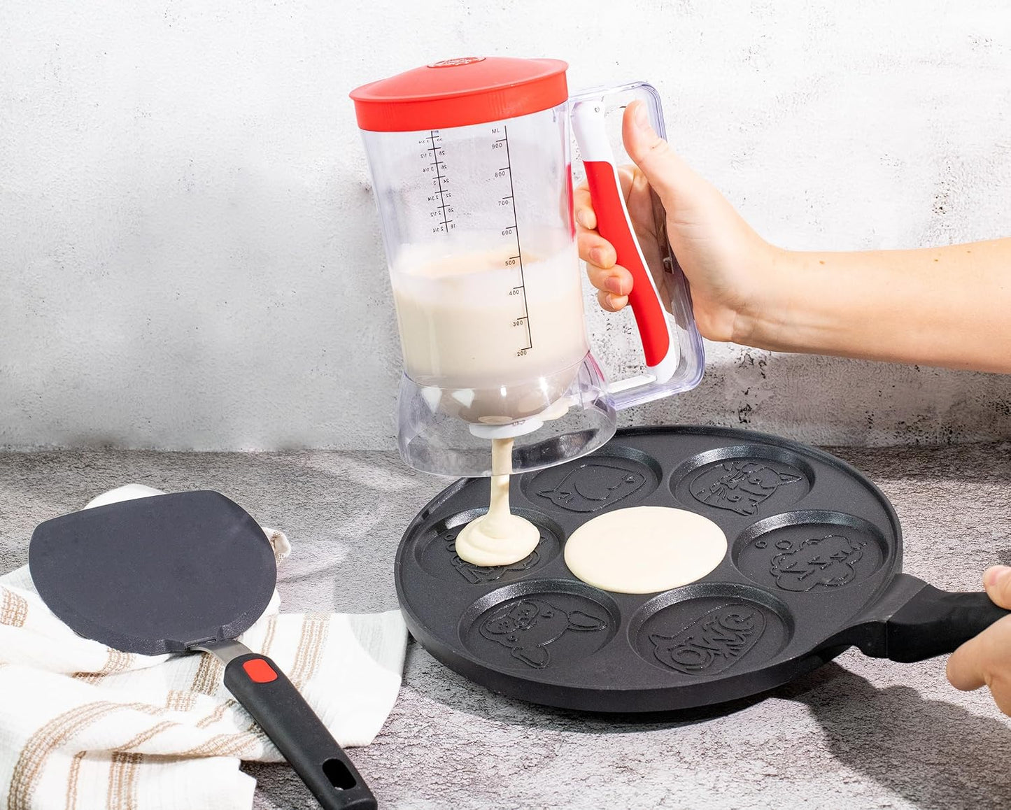 Kid Friendly Mess Free Pancake Cupcake Batter Dispenser Squeeze Handle for Precise Portion Control, Great for Waffles, Crepes | 4 Cup Capacity (Red)