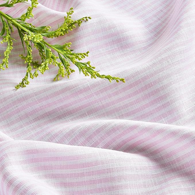 Solino Home Linen Table Runner 144 Inches Long - Narrow Stripe, 100% Pure Linen Pink and White Table Runner 14 x 144 Inch for Dining, Christmas