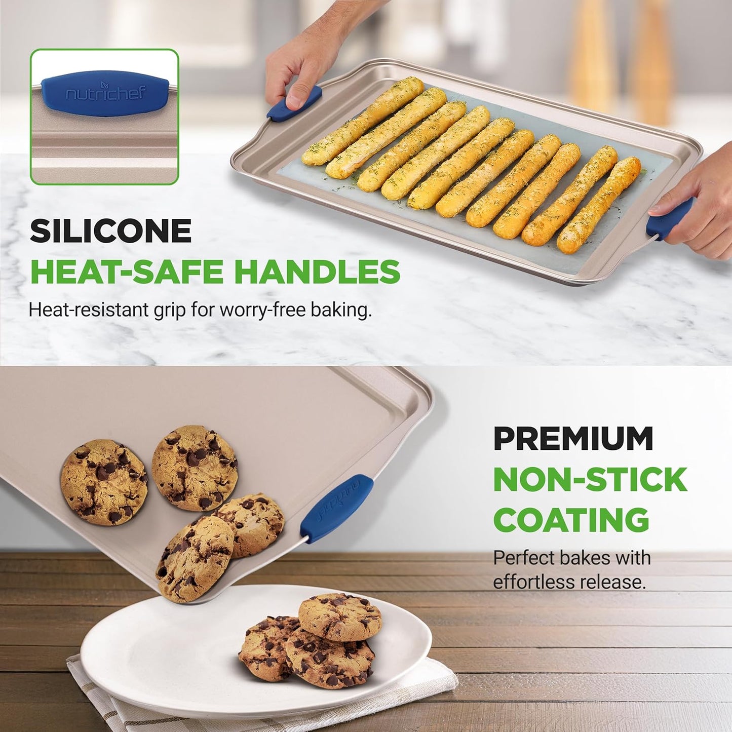 NutriChef 6-Piece Nonstick Bakeware Set - Premium Carbon Steel Baking Trays w/Heat-Safe Silicone Handles - Includes Loaf Pan, Muffin/Cupcake Pan, Round & Square Roaster Pans, Cookie Sheet - NCSBSG36