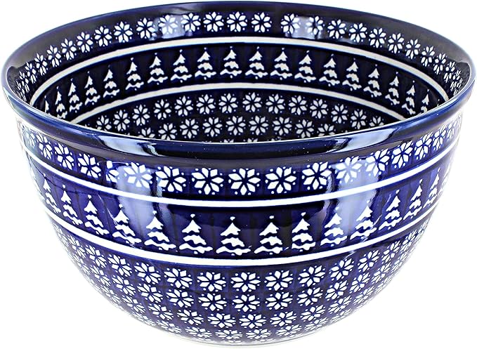 Blue Rose Polish Pottery - Blue Winter Nights Large Mixing Bowl - 16 Cup Capacity - Ceramic Holiday Bowl, Festive Winter Design for Baking, Mixing & Christmas Serving