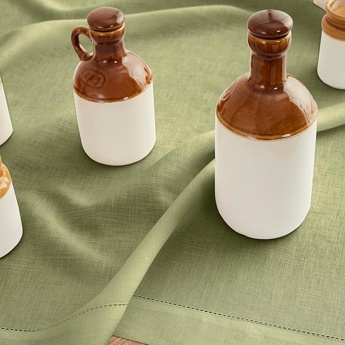 Solino Home Linen Moss Green Table Runner 156 Inches Long - 100% Pure Linen Extra Long Table Runner 14 x 156 Inch - Classic Hemstitch
