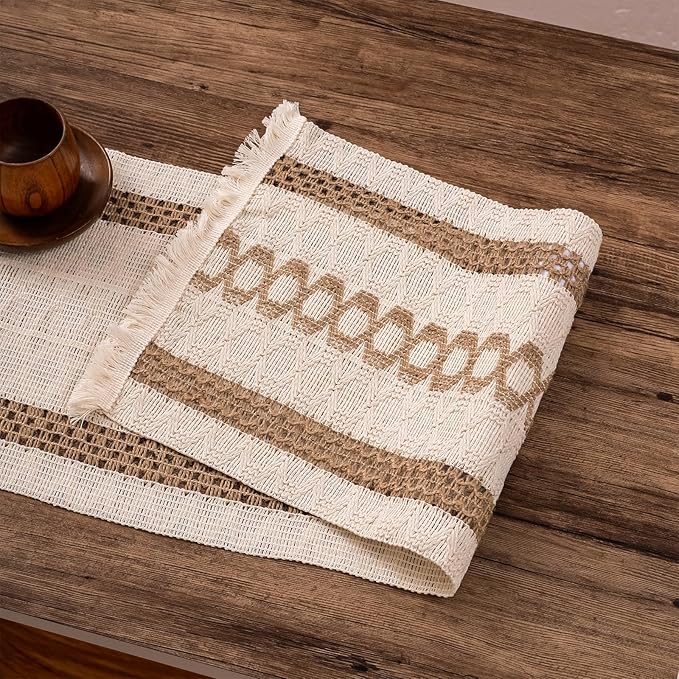 Niviy Boho Table Runner with Tassels 12 x 90 Inches Long, Cream & Brown Rustic Farmhouse Table Runner with Tassels for Home Kitchen Holiday Party and Wedding Decor Runner