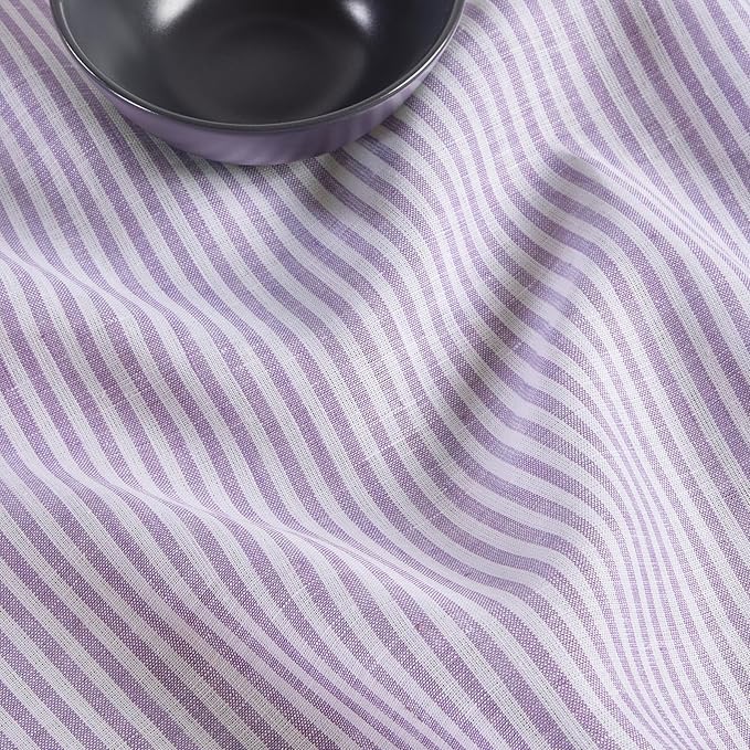 Solino Home Linen Striped Table Runner 60 Inches - Narrow Stripe, 100% Pure Linen Lavender and White Small Table Runner 14 x 60 Inch Ideal for Dresser and Coffee Tables - Christmas, New Year