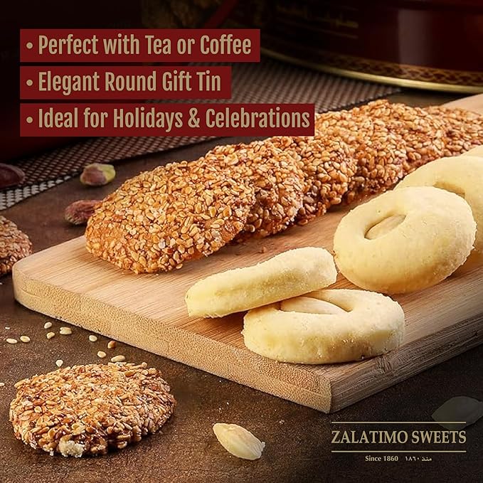 Zalatimo Sweets Since 1860, 100% All-Natural Sesame & Butter Shortbread Biscuits, Slightly Sweet, Square Gift Tin, No Preservatives, No Additives, 1.4 LB