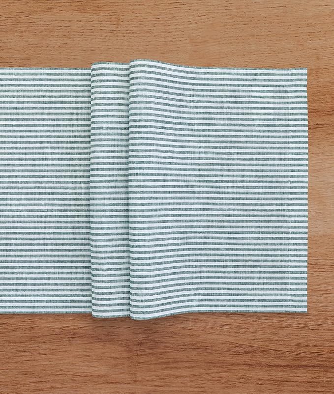 Solino Home Linen Table Runner 48 Inches - Narrow Stripe 100% Pure Linen Rainforest and White Farmhouse Table Runner 14 x 48 Inch Ideal for Dresser and Coffee Tables - Christmas, New Year