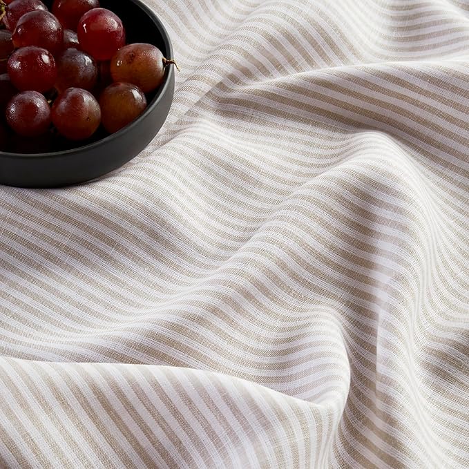 Solino Home Linen Table Runner 90 Inches Long - Narrow Stripe, 100% Pure Linen Natural and White Farmhouse Table Runner 14 x 90 Inch for Dining, Holiday