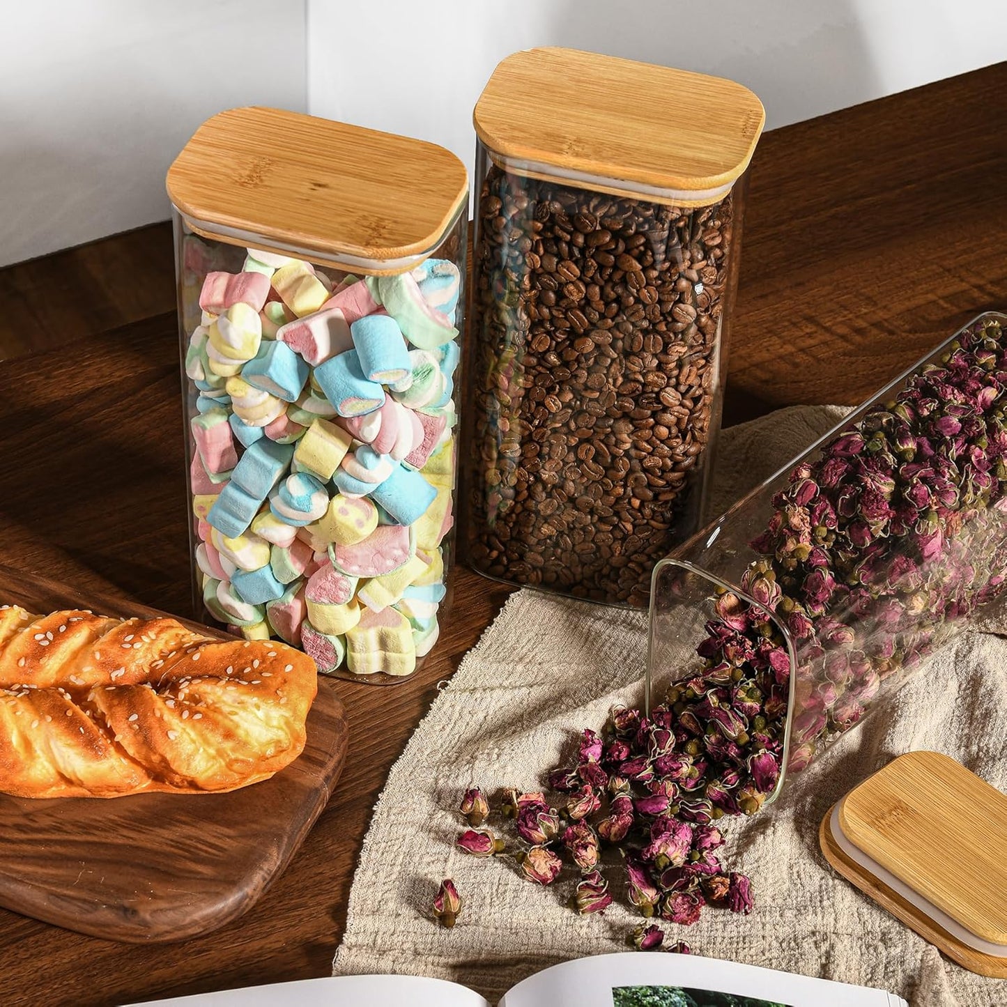64oz Rectangle Airtight Glass Storage Containers with Bamboo Lids (Set of 3), Square Food Storage Jar, Pantry Organizers for Cereal, Flour, Pasta and Coffee beans (with Black Lable)