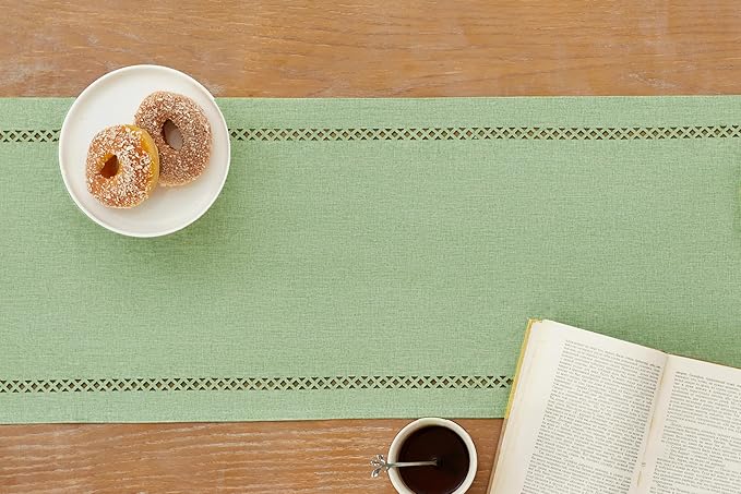 Burlap Style Farmhouse Table Runner, 13 x 60 Inch Avocado Green, Rustic Geometric Hollow Table Runners 60 Inches Long for Dresser Table Everyday Use, 13x60 Inches, Avocado Green