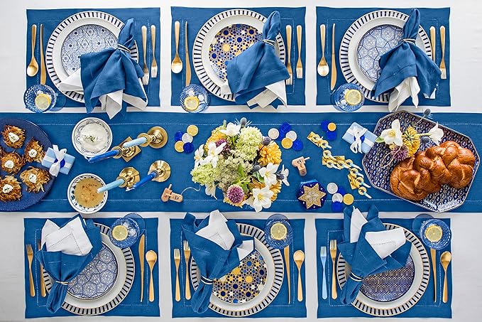 Solino Home Linen Table Runner 108 Inches Long - 100% Pure Linen Indigo Blue Table Runner 14 x 108 Inch for Christmas, Winter, New Year - Classic Hemstitch