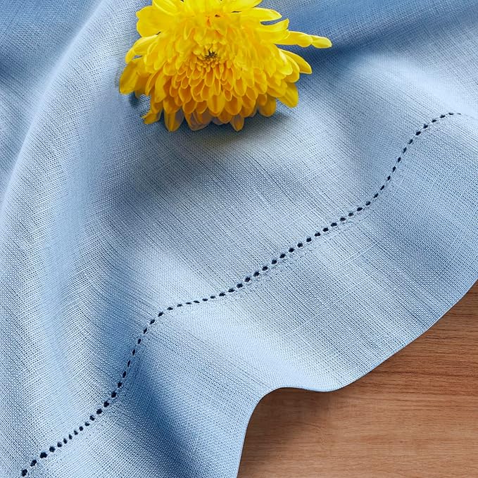 Solino Home Linen Cornflower Blue Table Runner 90 Inches Long - 100% Pure Linen Hemstitch 14 x 90 Inch Table Runner for Dining, Christmas, Holiday, New Year - Classic Hemstitch