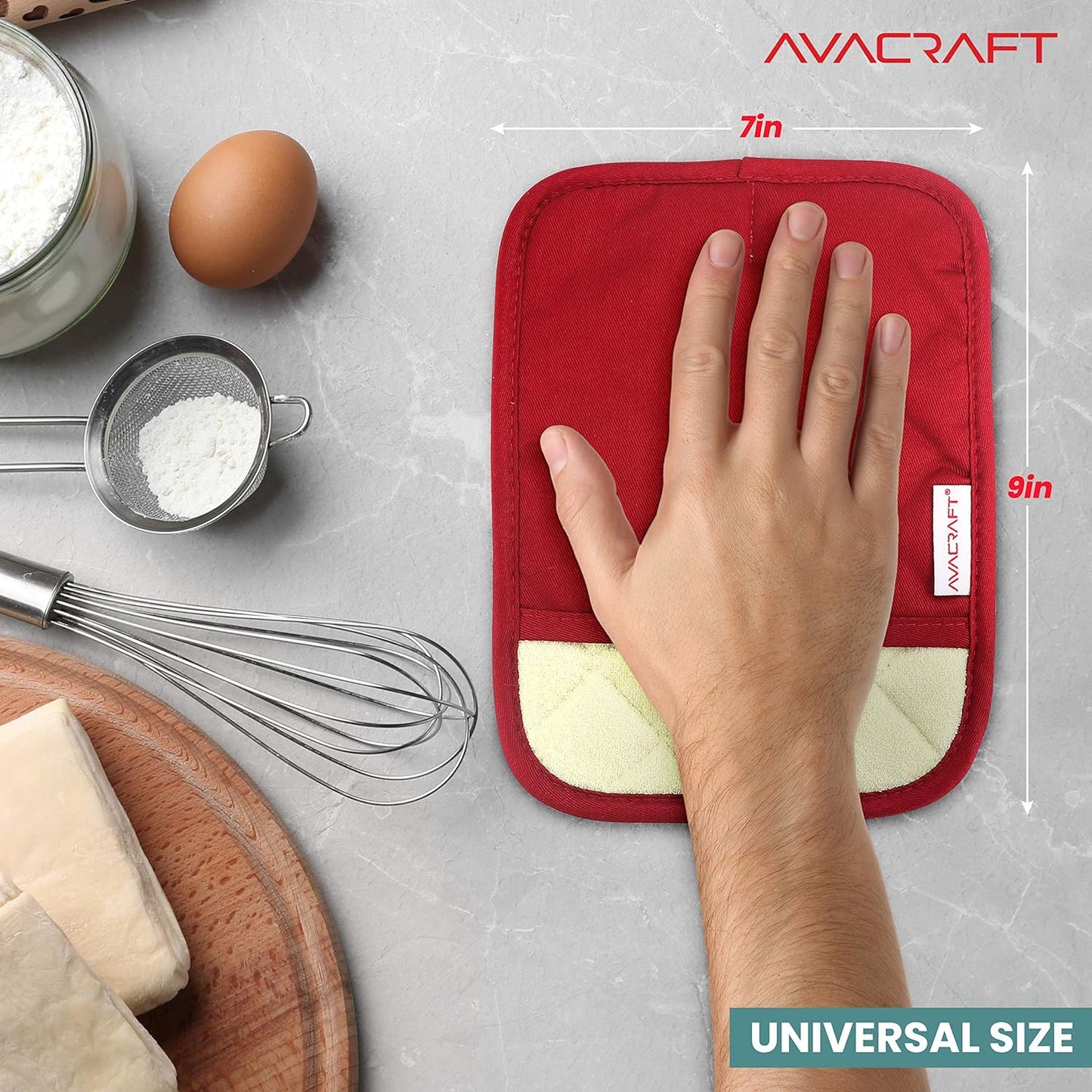 AVACRAFT Red Pot Holders Set, Flexible, 100% Cotton with Non-Slip Heat Resistant Silicone Design, Thick Terry Cloth Interior, Hot Pads, 500 F Heat Resistant Kitchen Mitts (Red Pot Holder)