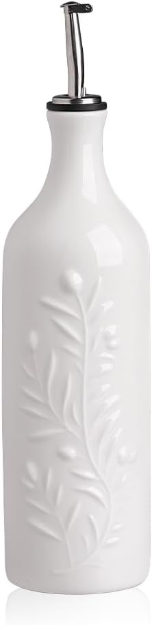 Sweejar Large Olive Oil Dispenser Bottle with Spout, 24 Oz Ceramic Oil Dispenser for Kitchen, Relief Opaque Oil Cruet, Oil Container for Cooking, EVOO, Avocado Oil, Vinegar, Pack of 1 (White)