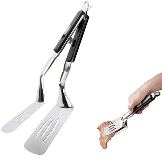 Kitchen Cooking Tongs 11.6 inch 304 Stainless Steel Grill Clamp Spatula for Flipping Bread Steak Fish Toast-Sliding Buckle Push Pull Design Barbecue Food Clip Black
