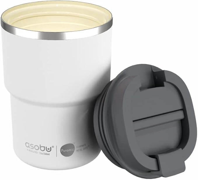 asobu Travel Mug Ceramic Coated Stainless Steel Insulated with Leak and Spill Proof Lid – Fits Standard Cup Holders 12 oz Tumbler (White)