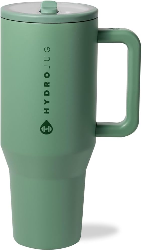 HydroJug Traveler - 40 oz Water Bottle with Handle & Flip Straw - Fits in Cup Holder, Leak Resistant Tumbler-Reusable Insulated Stainless Steel & Rubber Base - Gifts for Women & Men, Sage