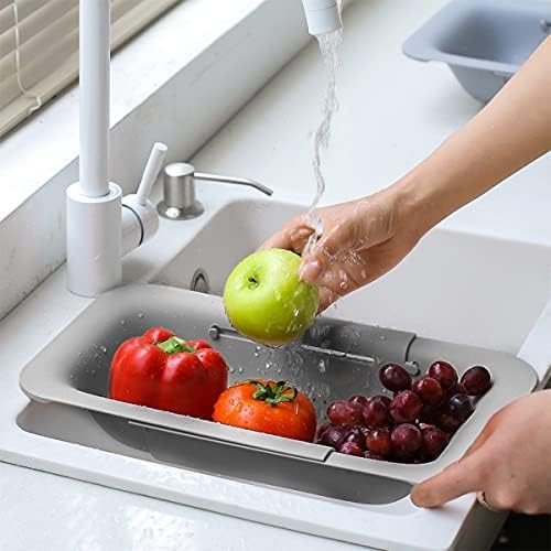 Collapsible Sink Colanders and Strainers Basket Over the Sink Colander Collapsible Colander Extendable Plastic Fruit Vegetable Strainer Drainer Basket for Kitchen(Length 14.3-19.4 inch)(Gray Set of 2)