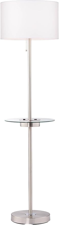 360 Lighting Caper Modern Floor Lamp with Tray USB and AC Power Outlet on Table Glass 60.5" Tall Satin Nickel White Fabric Drum Shade for Living Room Reading House Bedroom
