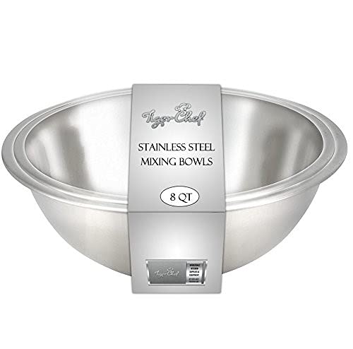 Tiger Chef Heavy Duty Mixing Bowl 8 Quart All-purpose Mixing Bowls for Home and Commercial Use - Best Prep Bowls for cake mixtures, dough’s, salads, pastas, dressings Stainless Steel - 2 Pack