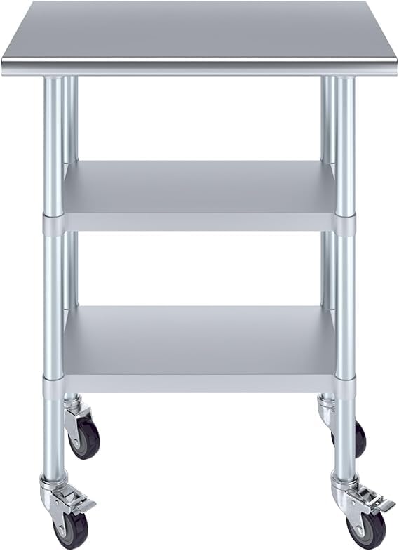 Stainless Steel Work Table with 2 Shelves and Casters | Metal Utility Table On Wheels (30" Long x 18" Deep)