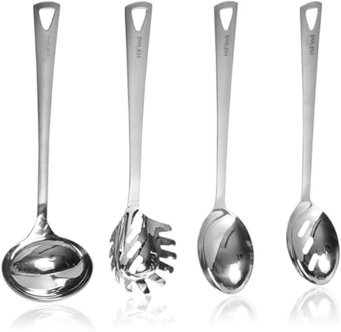 4 Pcs Stainless Steel Cooking Utensils Set, Includes Ladle, Slotted Serving Spoon, Solid Serving Spoon, Pasta Server, 430 Stainless Steel Metal Kitchen Utensils for Cooking