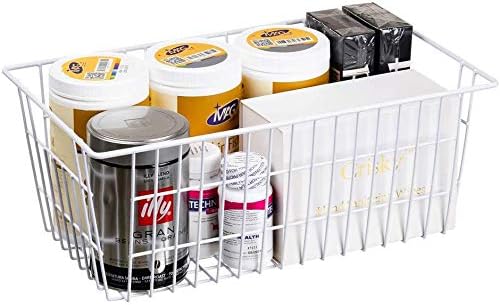 Slideep Farmhouse Metal Wire Basket, Fridge Freezer Storage Organizer Bins with Handles for Kitchen Cabinets, Pantry, Closets, Bedrooms, Bathrooms, White 3 Pack