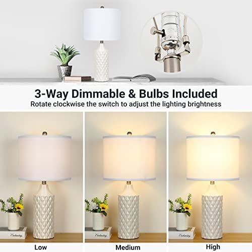 Ceramic Table Lamps Set of 2, White Modern Bedside 25" Nightstand Lamp 3-Way Dimmable Lamp for Bedroom Living Room Farmhouse, Side Table Lamp, Bulbs Included