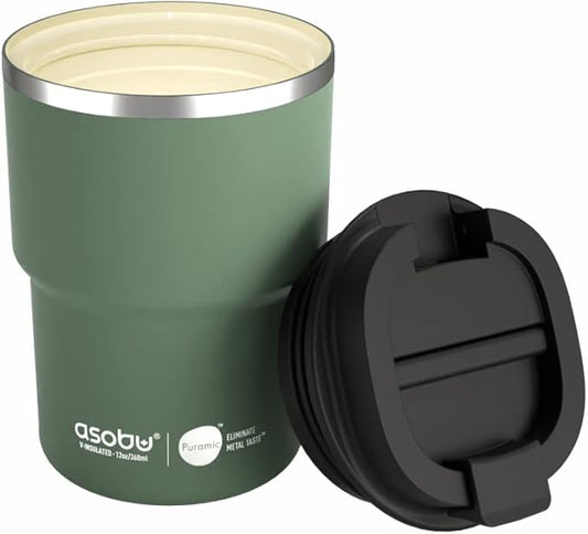 asobu Travel Mug Ceramic Coated Stainless Steel Insulated with Leak and Spill Proof Lid – Fits Standard Cup Holders 12 oz Tumbler (Basil Green)