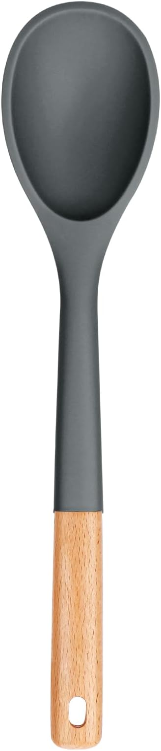 Large Silicone Cooking Spoons, Nonstick Solid Wooden Handle Spoon, Heat Resistan Silicone Kitchen Spoons for Cooking, Serving, Basting, Mixing, 13.2inch (Grey)