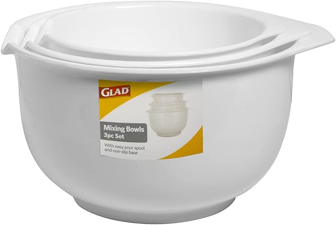GLAD Mixing Bowls with Pour Spout, Set of 3 | Nesting Design Saves Space | Non-Slip, BPA Free, Dishwasher Safe Plastic | Kitchen Cooking and Baking Supplies, White