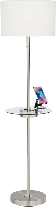 360 Lighting Caper Modern Floor Lamp with Tray USB and AC Power Outlet on Table Glass 60.5" Tall Satin Nickel White Fabric Drum Shade for Living Room Reading House Bedroom
