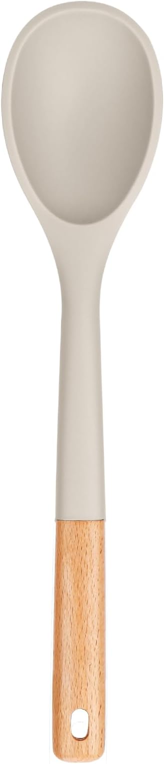 Large Silicone Cooking Spoons, Nonstick Solid Wooden Handle Spoon, Heat Resistan Silicone Kitchen Spoons for Cooking, Serving, Basting, Mixing, 13.2inch (Khaki)