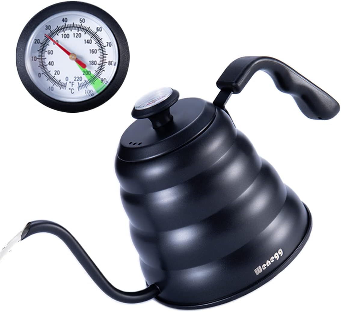 Pour Over Coffee Kettle with Thermometer for Exact Temperature 40 fl oz - Premium Stainless Steel Gooseneck Tea Kettle for Drip Coffee, French Press and Tea (Black)