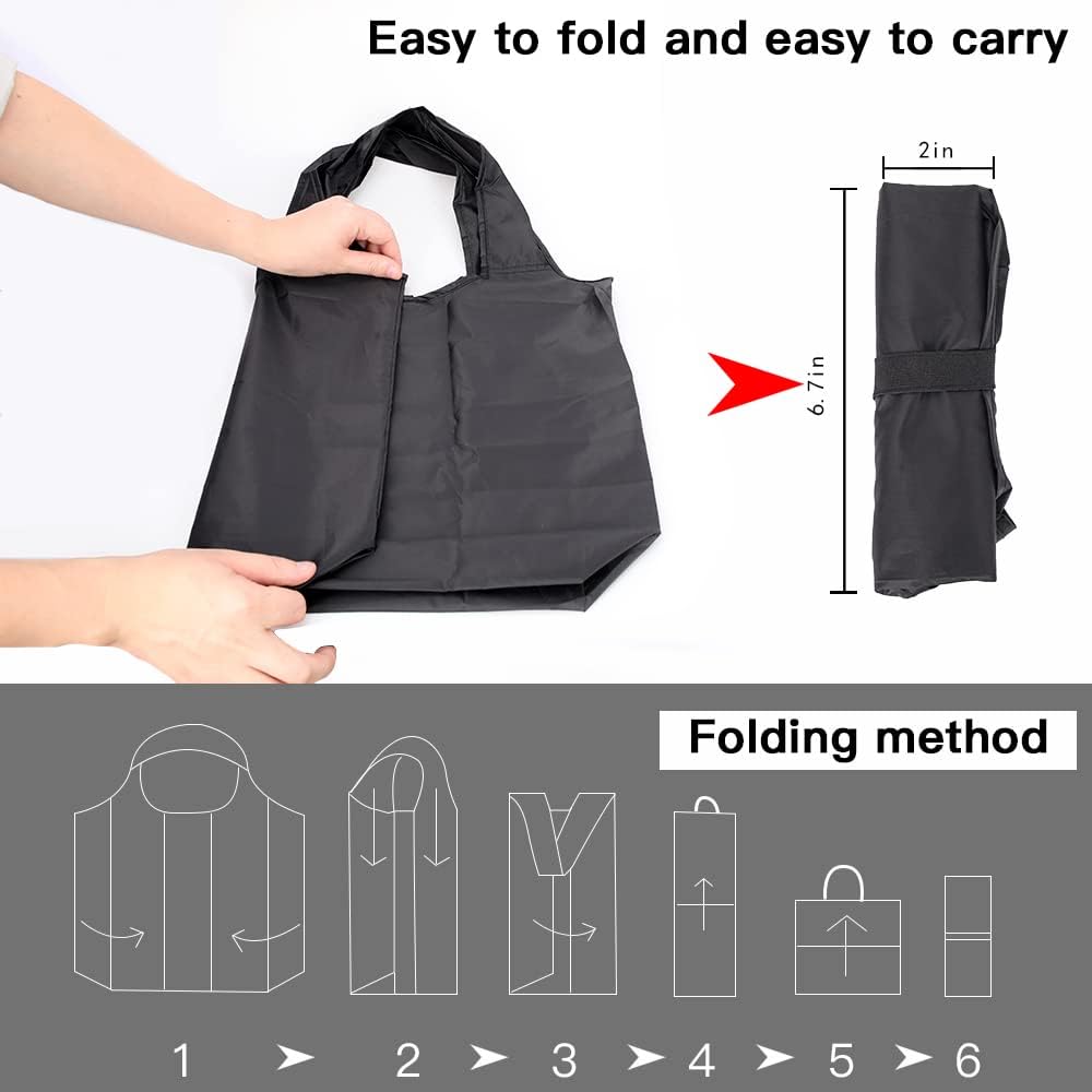 Aricsen 10 Pack Durable Folding Large Kitchen Reusable Shopping Bags with Handles Bulk, Recycle Foldable Grocery Heavy Duty Washable into Pocket Portable Nylon Tote, Polyester Cloth, Black