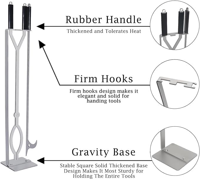 Stainless Steel Fire Pit Tools Set with 40" Fire Poker and Log Tongs, Fireplace Tools with Sturdy Stand Base, Firewood Log Grabber for Campfire Backyard Bonfire Wood Stove Indoor&Outdoor