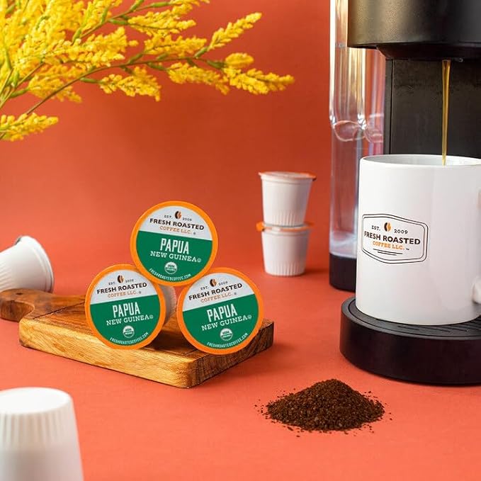 Fresh Roasted Coffee, Organic Papua New Guinea | USDA Organic, 100% Single Origin, Kosher | Medium Roast 24 Pods for K Cup Brewers