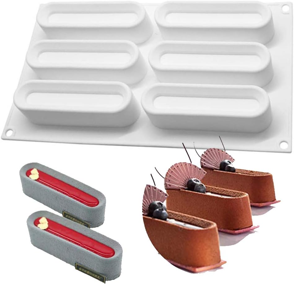 OCPO KITCHEN Eclair Silicone Mold for Baking Mousse Cake, French Dessert, Pastry, Chocolate, Ice Cream, Cake Decoration Mold, 3D Concave Eclair Shape (6-Cavity)