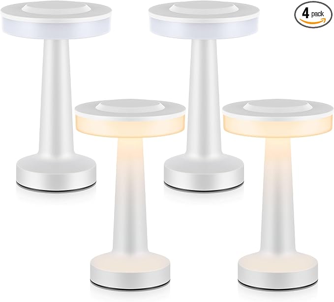 Riakrum 4 Pcs LED Portable Cordless Table Lamp with Touch Sensor 3 Color Stepless Dimming Rechargeable Battery up to 15 Hours Cordless Table Light Wireless Lamp for Nursery (White)