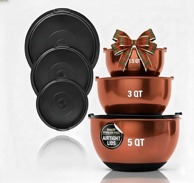 Samma Copper Mixing Bowls Set with Stainless Steel Body with Black Silicone Bottom Mixing Bowl- Versatile Kitchen Mixing Bowls- 3 Piece with Lids
