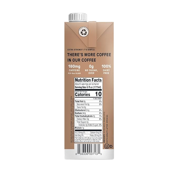 Wandering Bear Extra Strong Organic Cold Brew Coffee, Straight Black, 32 fl oz, 1 pack - Smooth, Organic, Unsweetened, Shelf-Stable, and Ready to Drink Cold Brew