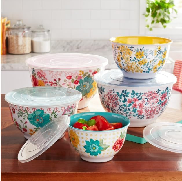 The Piner Woman 10-Piece Melamine Mixing Bowl Set, Fancy Flourish | Melamine Mixing Bowls Set with Lids | Airtight Food Storage Containers | Mixing Bowls Set Large, 10pc Food Storage Set