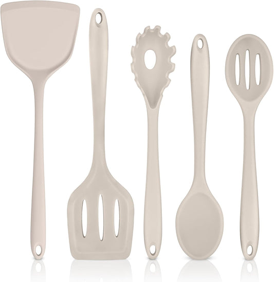 TeamFar Silicone Cooking Utensils, Kitchen Utensils Set of 5, Nonstick Cookware Tools Turners Spoons Pasta Server for Home, Healthy & Heat-Resistant, Seamless & Non-Scratch, Dishwasher Safe, Khaki