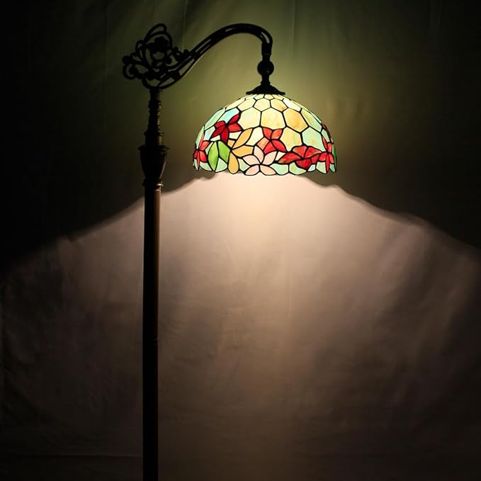 Tiffany Floor Lamp Stained Glass Lamp 18.88X12X67 Inch Angle Adjustable Arched Gooseneck Antique Reading Light (Red Green Flowers)