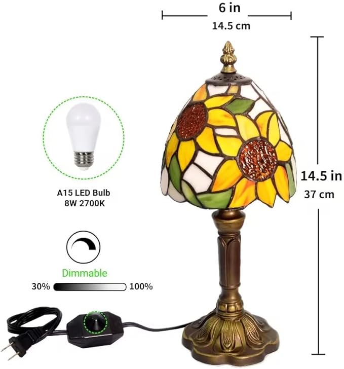 Tiffany Style Table Lamp,Sunflower Stained Glass Lamp,6 Inch Small Antique Bedside Lamp, for Bedroom Living Room Home,Included Dimmable LED Bulb 8W