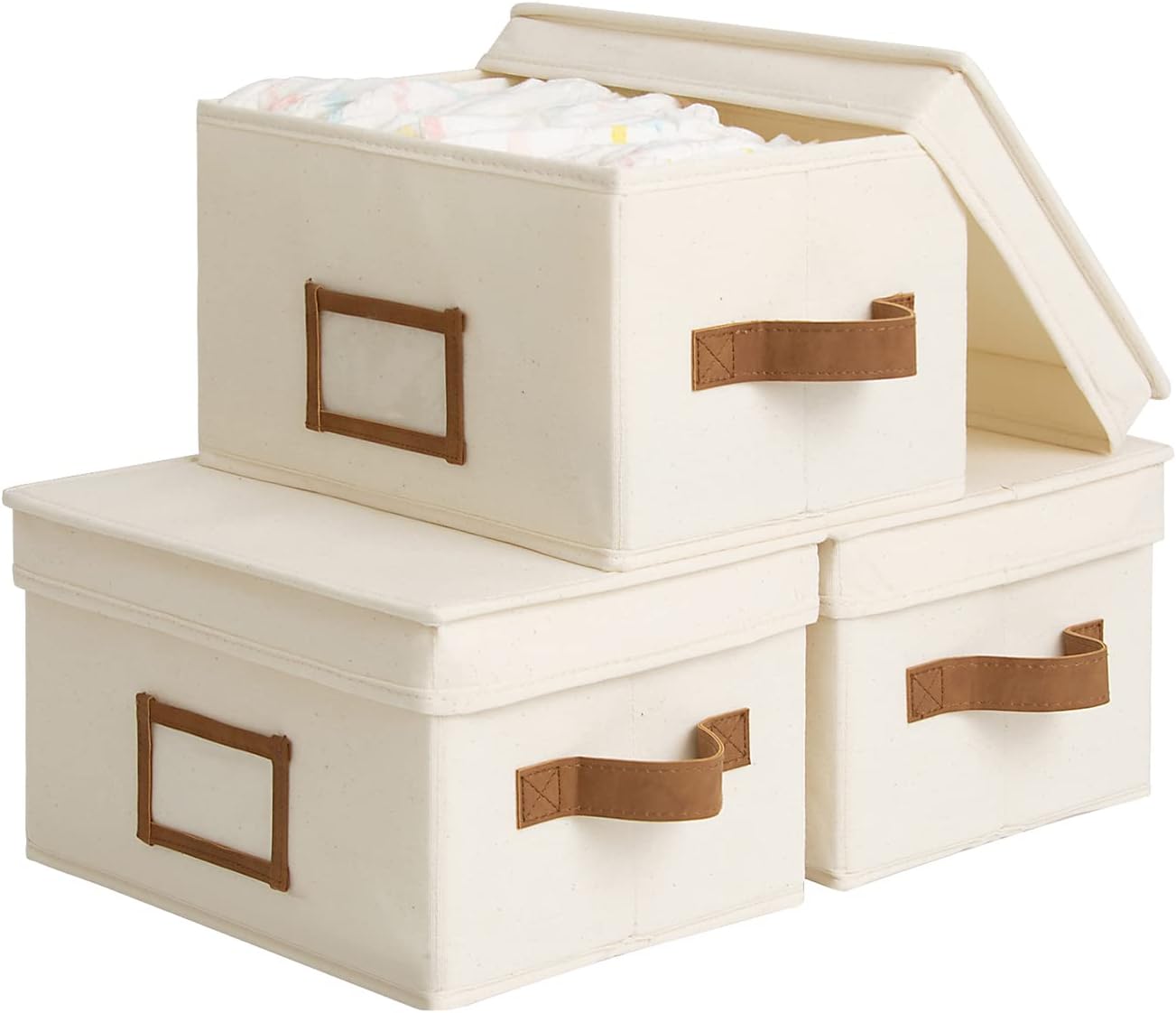 StorageWorks Storage Bins with Lids, Decorative Storage Boxes with Lid and PU Handles, Foldable Storage Baskets for Closet, Shelves, Stackable, Ivory White, Medium, 3-Pack