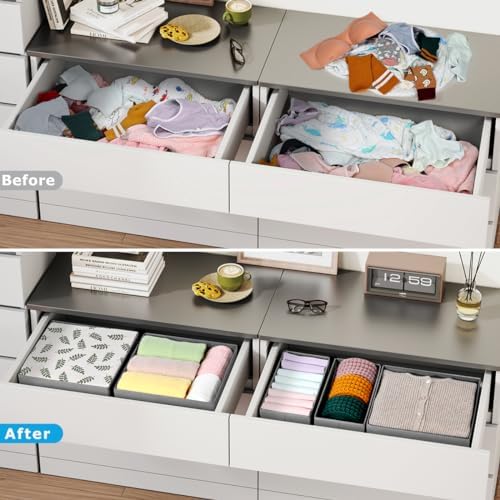 DIMJ Drawer Organizer Clothes, 12 Pack Dresser Organizer, Foldable Closet Organization and Storage Dividers, Fabric Dresser Drawer Organizers for Underwears, Nursery, Baby Clothes, Socks, Tie (Grey)