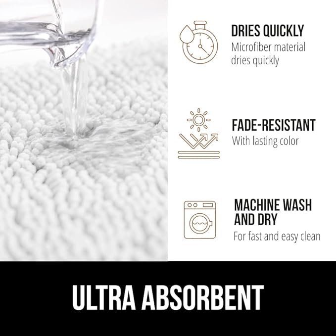 GORILLA GRIP Bath Rug Mat 44x26, Thick Soft Absorbent Chenille, Quick Dry Microfiber Mats, Rubber Backing Washable Shower Floor Rugs, Bathmat Runner, US Designed Bathroom Home Decor Accessories White
