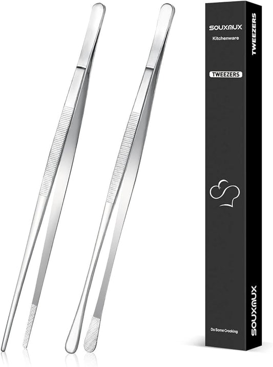 2 Pcs 10-inch Cooking Tweezers Tongs Precision Serrated Tips, Stainless Steel Professional Chef Tweezer Kitchen Tools for BBQ, Plating and Serving (Silver)