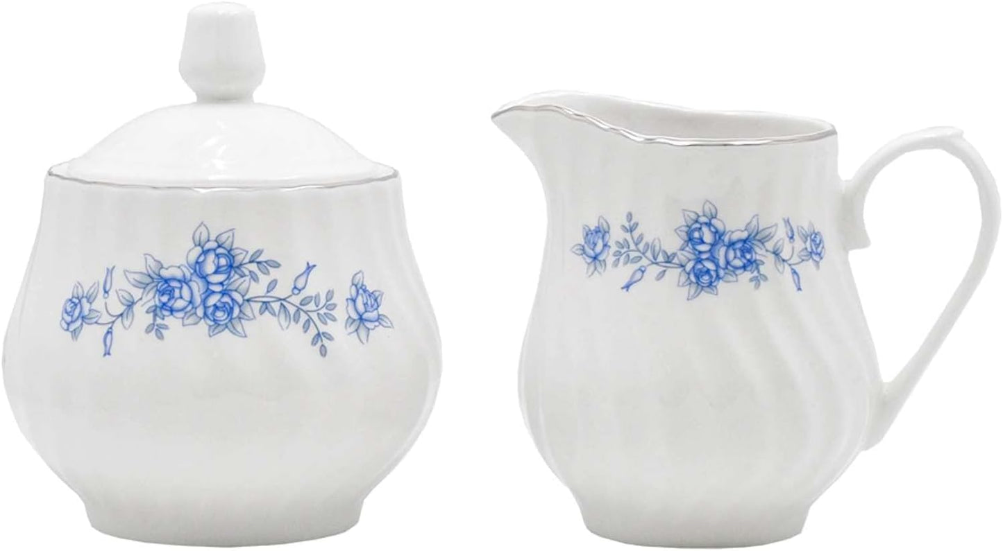 Sugar and Creamer Set - Porcelain Sugar and Creamer Floral Vintage Tea Set with Silver Trims & Embossed Swirls - Exquisite Fine China Tea Set for Parties & Celebrations - Royal Rose Set by Lynns