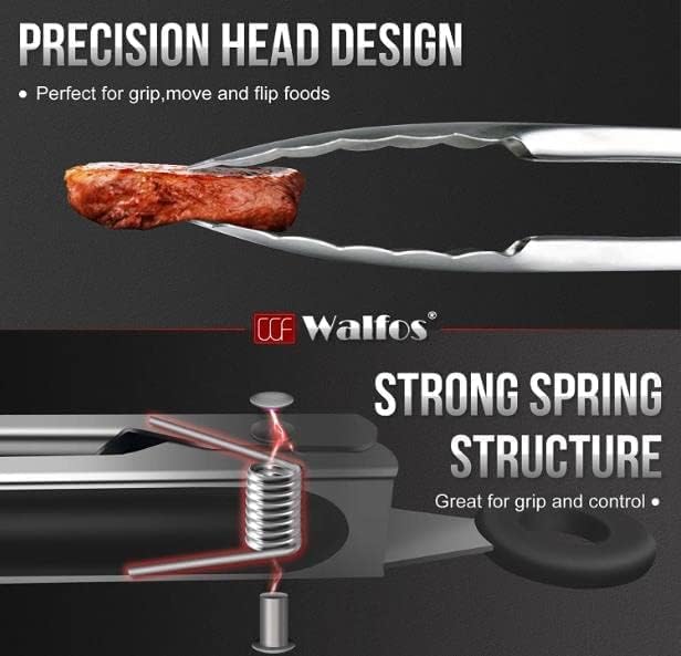 Walfos Stainless Steel Kitchen Tongs for Cooking- 7 ，9 and 12 Inch, Food Grade Metal Tongs for Cooking, BBQ, Set of 3 Heavy Duty Locking Cooking Tongs Non-Slip Grip