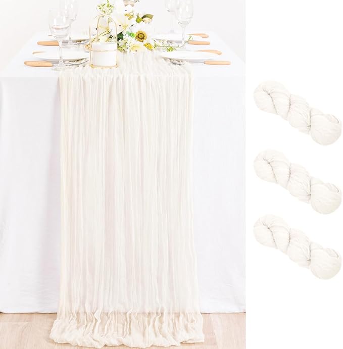 MLMC 3 Pack Ivory White Table Runner Rustic Gauze Cheesecloth Table Runner 10ft Cheese Cloth Centerpiece Decor 35x120 Inches for Wedding Dessert Anniversary Bridal Baby Shower Christmas Winter Decor